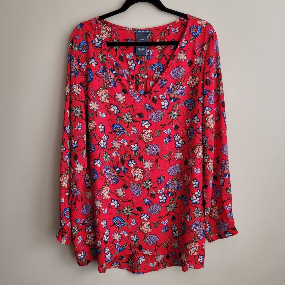 Chelsea & Theodore Womens Blouse Plus Size XXL Red Floral Print Crossover Hem